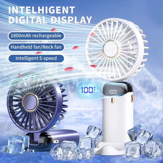 2. USB rechargeable foldable fan with phone stand and display screen – Faizoq