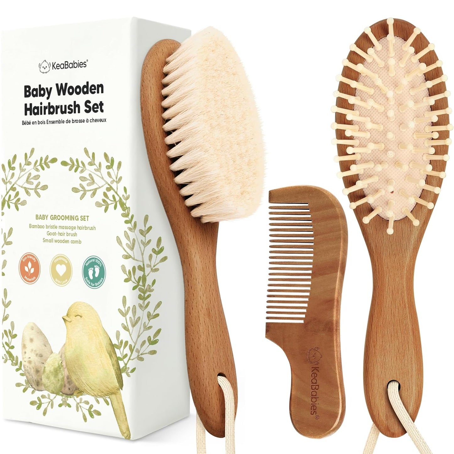 Baby Hair Brush and Comb Set for Newborn - Wooden with Soft Goat Bristle, Newborns Girl, Boy, Toddler Cradle Cap (Oval, Walnut)