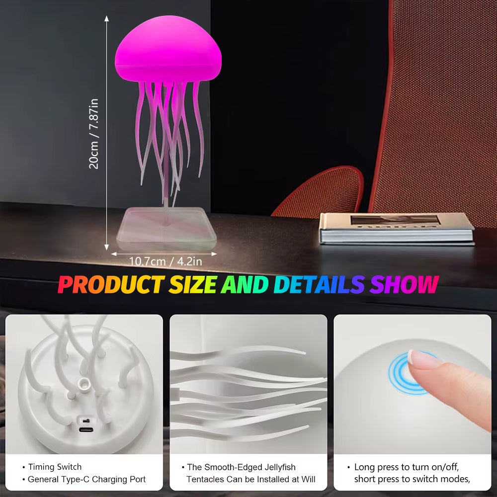 Novelty RGB Jellyfish Night Light Touch Sensor Color Changing Rechargeable Cute Desk Lamp for Bedrooms Living Room