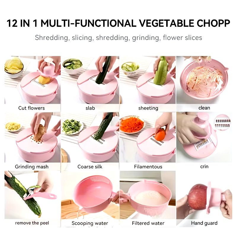 12-In-1 Multi-Functional Vegetable Chopper and Slicer - Perfect for Commercial Kitchens Cutting, Shredding, and Grating Carrots.