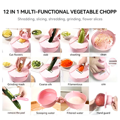 12-In-1 Multi-Functional Vegetable Chopper and Slicer - Perfect for Commercial Kitchens Cutting, Shredding, and Grating Carrots.