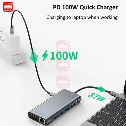 USB C HUB 4K 30Hz Type C to Hdmi-Compatible USB 3.0 Adapter 11 in 1 Type C HUB Dock PD 87W USB C Splitter for Macbook Pro Air