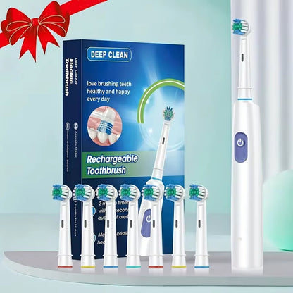 Round Rotating Electric Toothbrush for Adults, Soft Bristles, 5 Cleaning Modes, USB Rechargeable, with 4/8 Replacement Heads