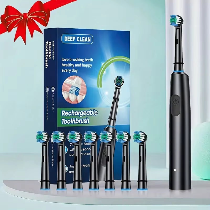 Round Rotating Electric Toothbrush for Adults, Soft Bristles, 5 Cleaning Modes, USB Rechargeable, with 4/8 Replacement Heads
