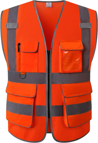 UNINOVA Surveyor Safety Vest Reflective for Men, Class 2 Mesh Safety Vests Reflective with Pockets and Zipper,High Visibility Construction Work Surveyor Vest