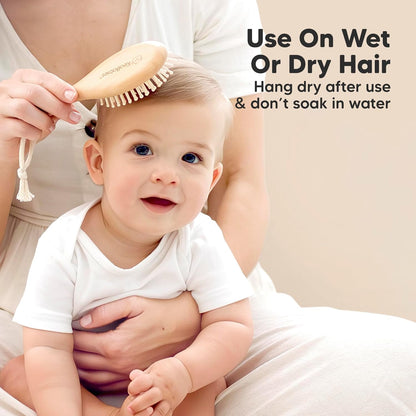 Baby Hair Brush and Comb Set for Newborn - Wooden with Soft Goat Bristle, Newborns Girl, Boy, Toddler Cradle Cap (Oval, Walnut)