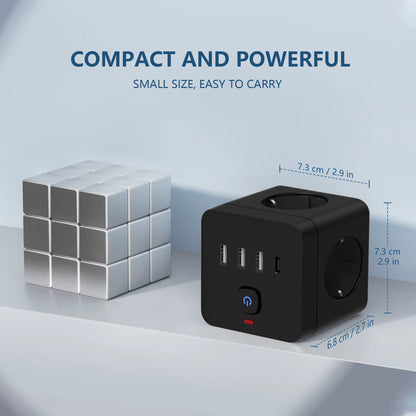 7-In-1 EU Power Strip, Power Strip Surge Protector 3 AC Outlets 3 USB 1 Type-C, Desktop Charging Station with Overload Protecti