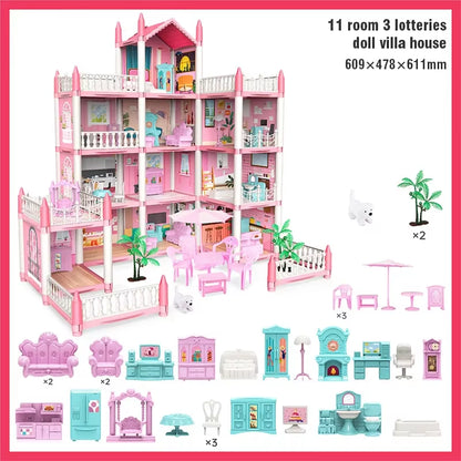 3D DIY Dream Princess Castle Villa Assembly Doll House Set Toy Girl Family Toy Children'S Music Doll House Assembly Villa House