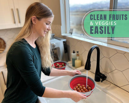 Ultimate Kitchen Strainers Set of 2 - Collapsible Silicone Colanders for Easy Storage by  - Use with Pasta & Veggies or as a Fruit or Berry Bowl with Strainer - Irreplaceable for Campers - Red