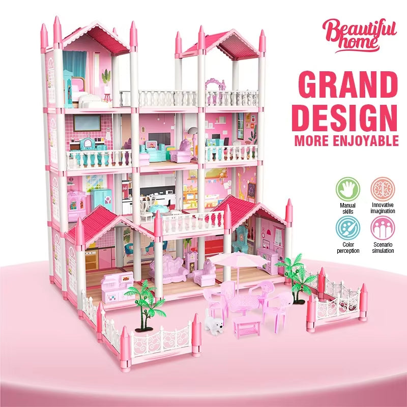 3D DIY Dream Princess Castle Villa Assembly Doll House Set Toy Girl Family Toy Children'S Music Doll House Assembly Villa House