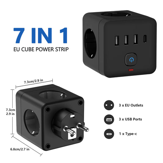 1. 7-in-1 EU power strip with surge protector USB and Type-C charging – Faizoq