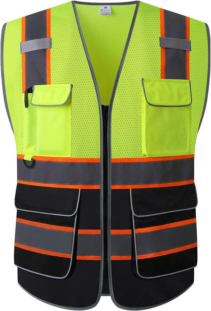 UNINOVA Surveyor Safety Vest Reflective for Men, Class 2 Mesh Safety Vests Reflective with Pockets and Zipper,High Visibility Construction Work Surveyor Vest