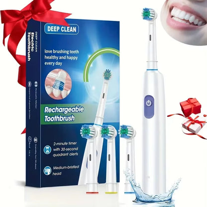 Round Rotating Electric Toothbrush for Adults, Soft Bristles, 5 Cleaning Modes, USB Rechargeable, with 4/8 Replacement Heads