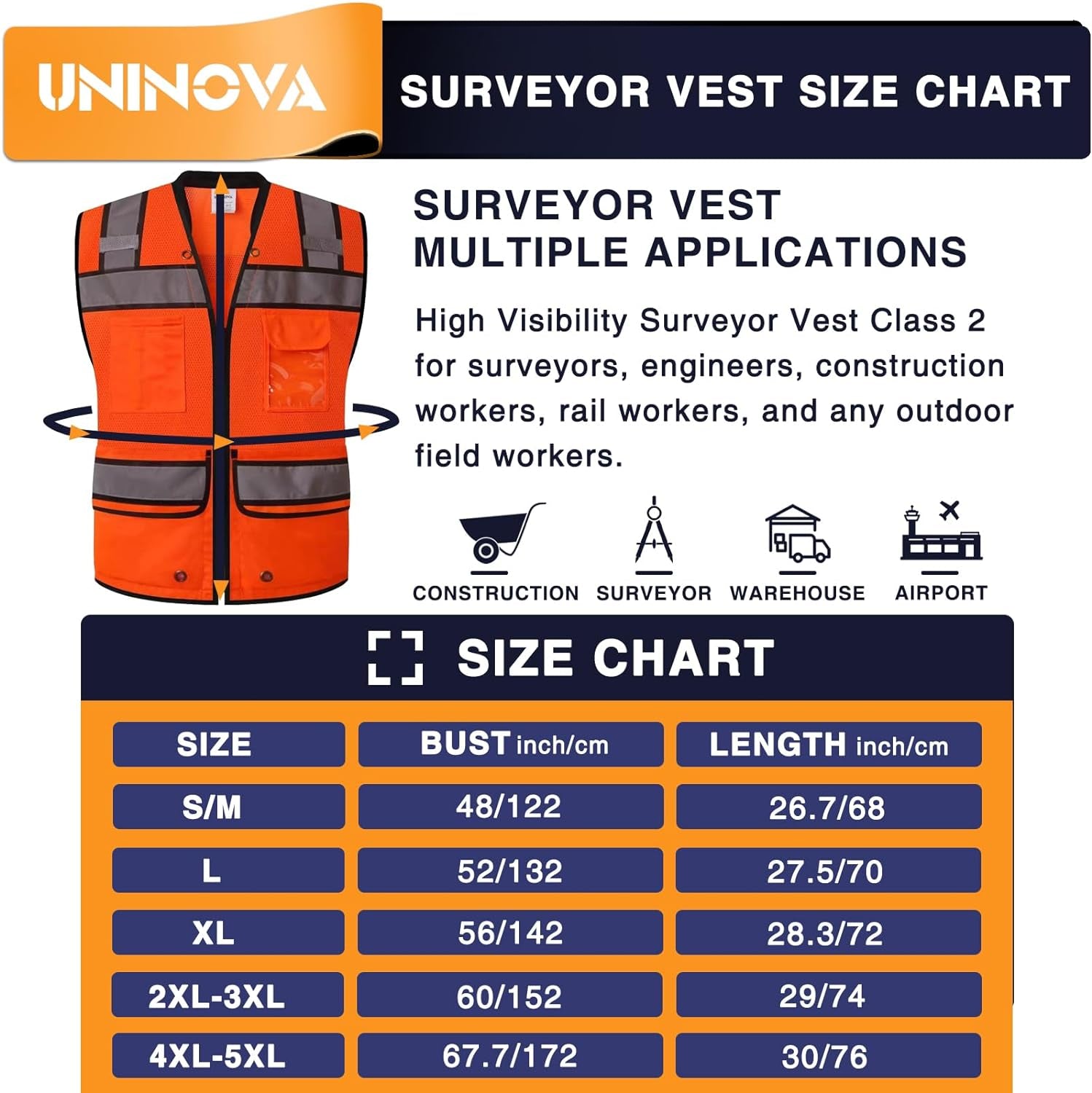 UNINOVA Surveyor Safety Vest Reflective for Men, Class 2 Mesh Safety Vests Reflective with Pockets and Zipper,High Visibility Construction Work Surveyor Vest