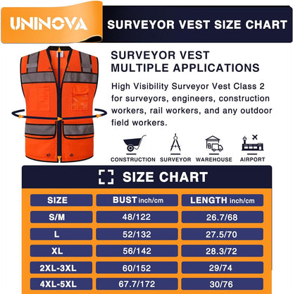 UNINOVA Surveyor Safety Vest Reflective for Men, Class 2 Mesh Safety Vests Reflective with Pockets and Zipper,High Visibility Construction Work Surveyor Vest