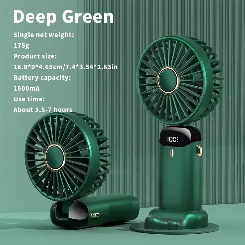 Mini Foldable Fan Portable 5 Speed Small Desk Fan Base Rechargeable Handheld Fan with Phone Stand and Display Screen