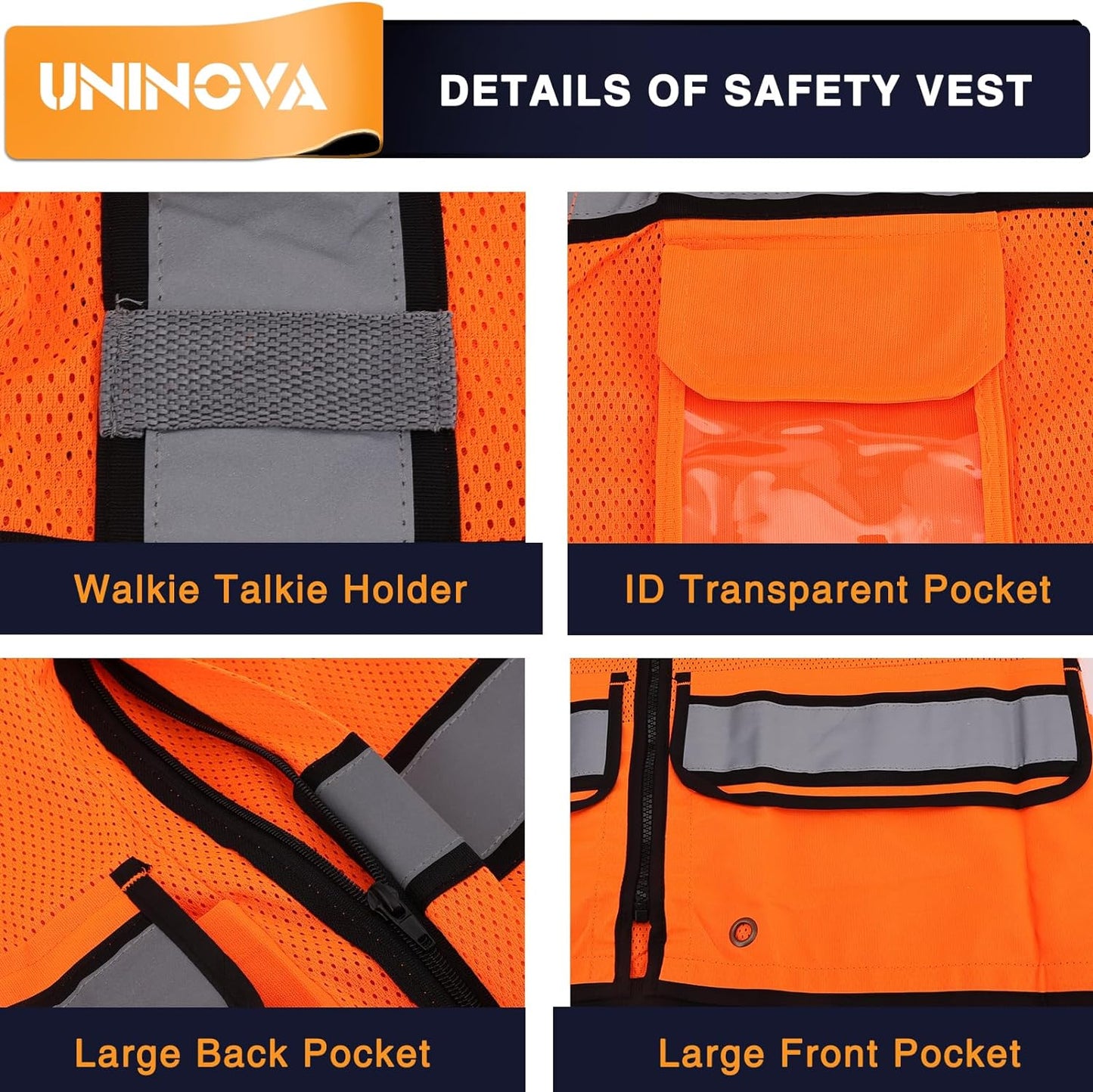 UNINOVA Surveyor Safety Vest Reflective for Men, Class 2 Mesh Safety Vests Reflective with Pockets and Zipper,High Visibility Construction Work Surveyor Vest