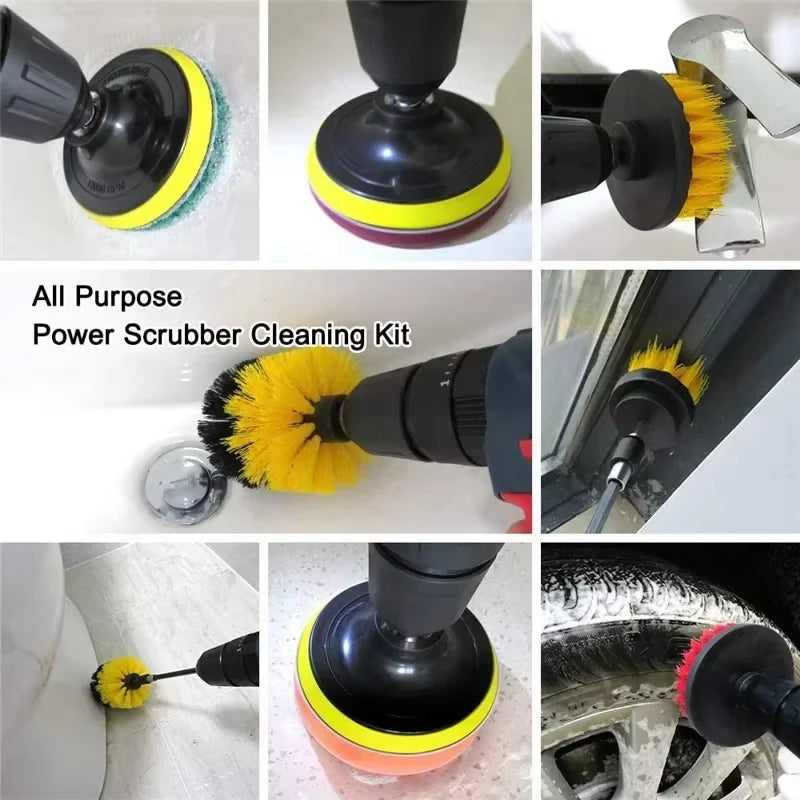 Electric Drill-Brush Head Kit Attachment Power Scrubber Brush for Carpet Bathroom Kitchen Bathroom Car Cleaning Tool Wash Set