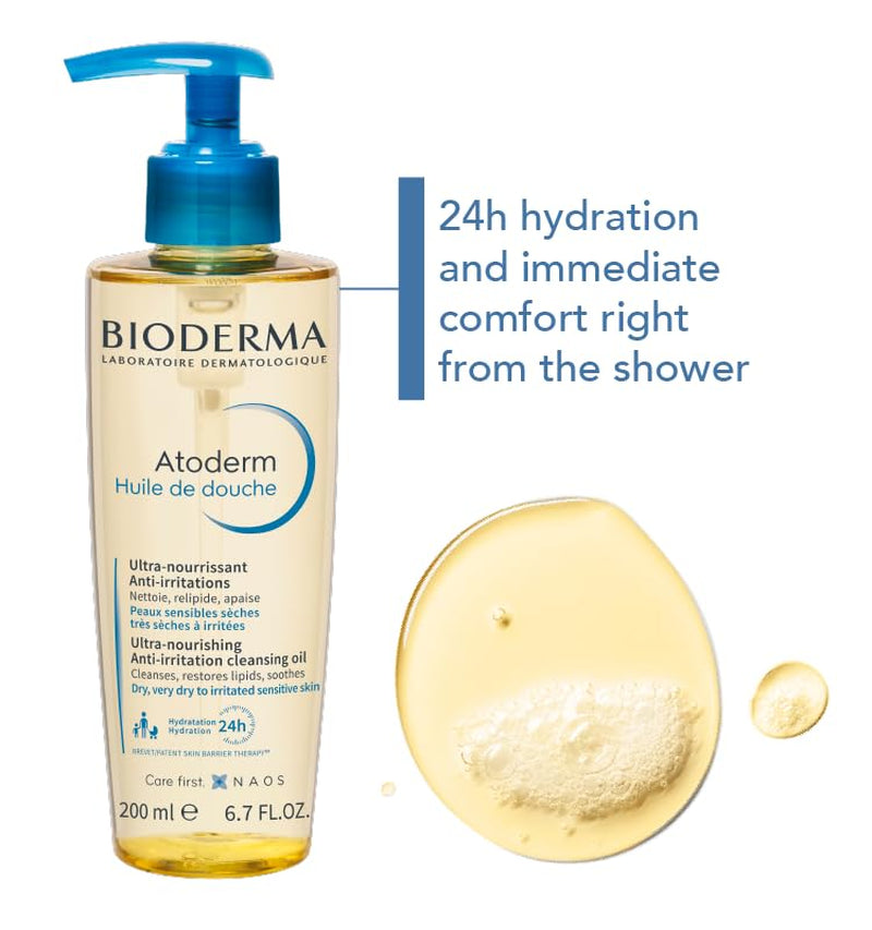 Bioderma Atoderm Shower Oil, Cleansing Oil for Face & Body, Nourishing Cleansing Oil for Dry to Atopic Sensitive Skin for Softer & Smooth Skin for Your Whole Family