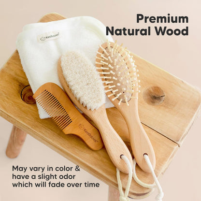 Baby Hair Brush and Comb Set for Newborn - Wooden with Soft Goat Bristle, Newborns Girl, Boy, Toddler Cradle Cap (Oval, Walnut)