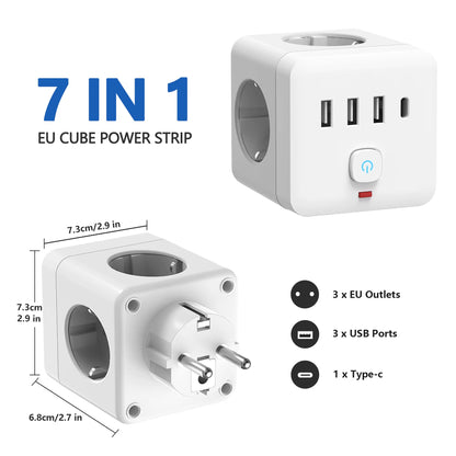 7-In-1 EU Power Strip, Power Strip Surge Protector 3 AC Outlets 3 USB 1 Type-C, Desktop Charging Station with Overload Protecti
