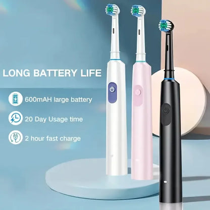 Round Rotating Electric Toothbrush for Adults, Soft Bristles, 5 Cleaning Modes, USB Rechargeable, with 4/8 Replacement Heads