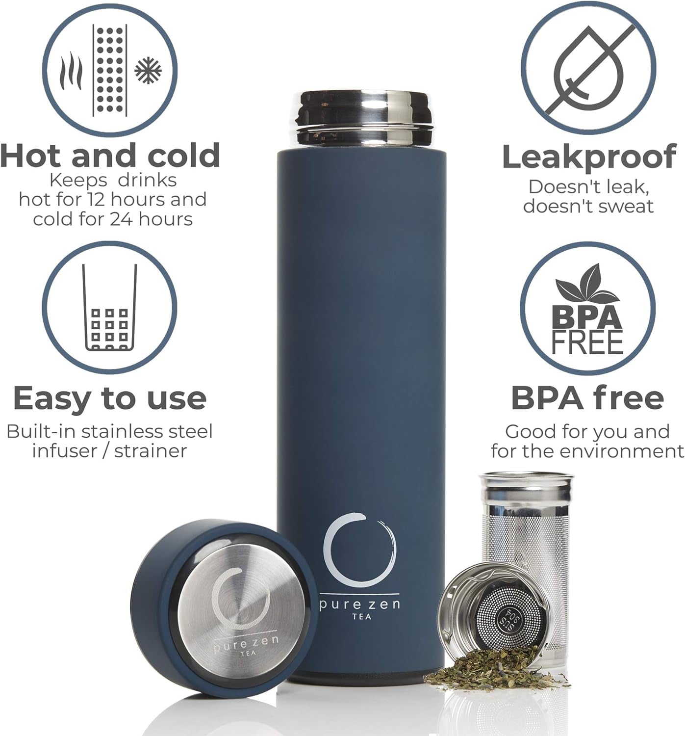 Pure Zen Tea Thermos with Infuser for Hot and Cold Infusions - Stainless Steel - Tea Infuser Bottle - Leakproof Travel Mug with Filter - 15Oz - Blue