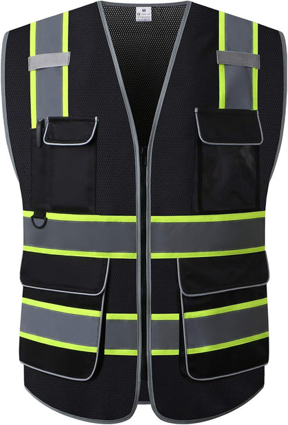 UNINOVA Surveyor Safety Vest Reflective for Men, Class 2 Mesh Safety Vests Reflective with Pockets and Zipper,High Visibility Construction Work Surveyor Vest