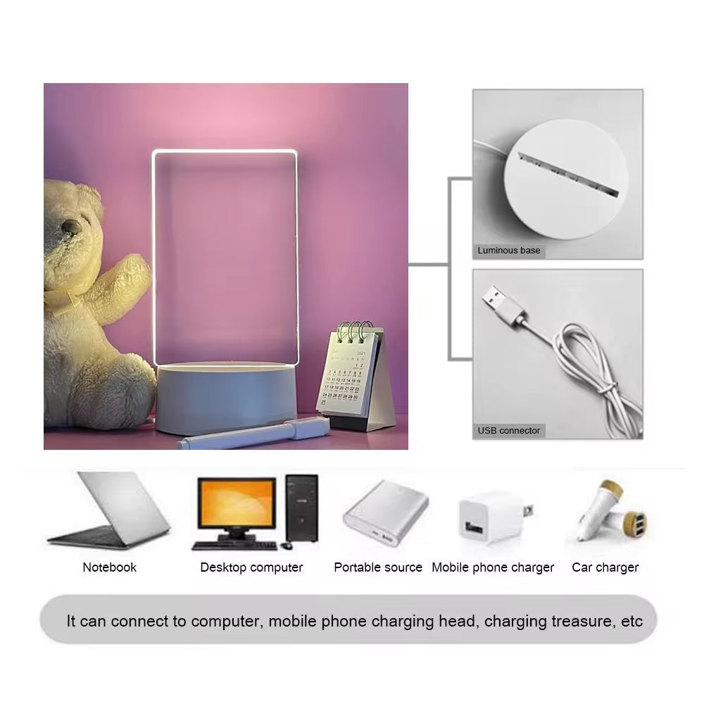 Transparent LED Night Light with Erasable Message Board and Calendar - USB Acrylic Desktop Ornament