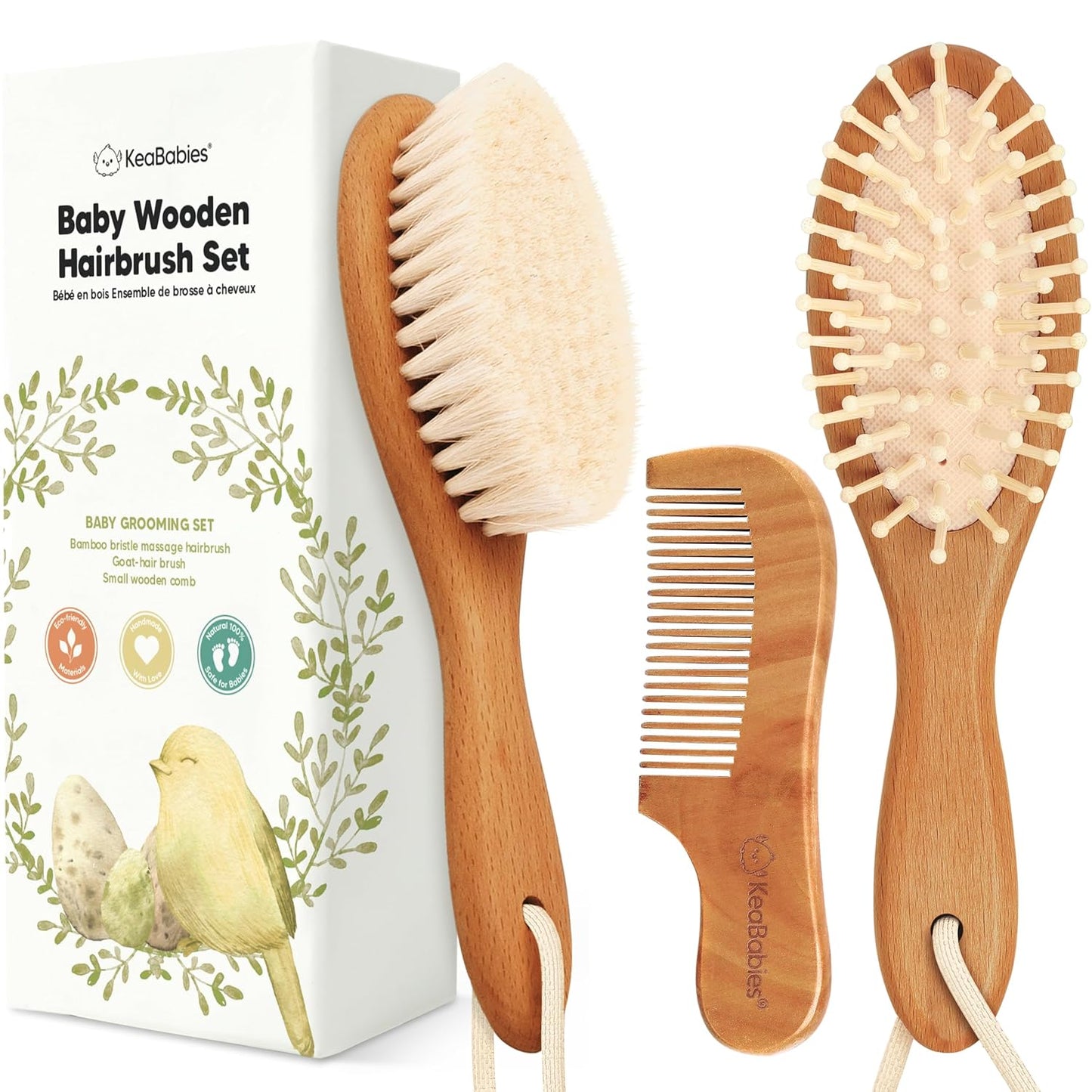 Baby Hair Brush and Comb Set for Newborn - Wooden with Soft Goat Bristle, Newborns Girl, Boy, Toddler Cradle Cap (Oval, Walnut)