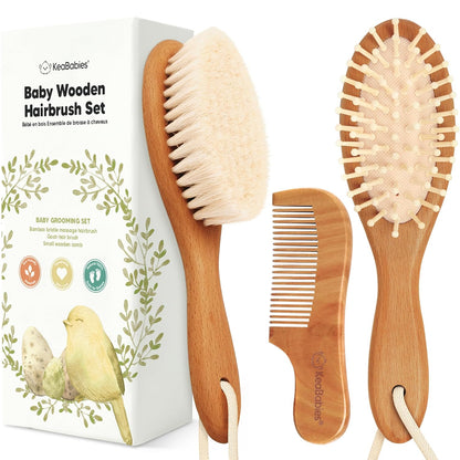 Baby Hair Brush and Comb Set for Newborn - Wooden with Soft Goat Bristle, Newborns Girl, Boy, Toddler Cradle Cap (Oval, Walnut)