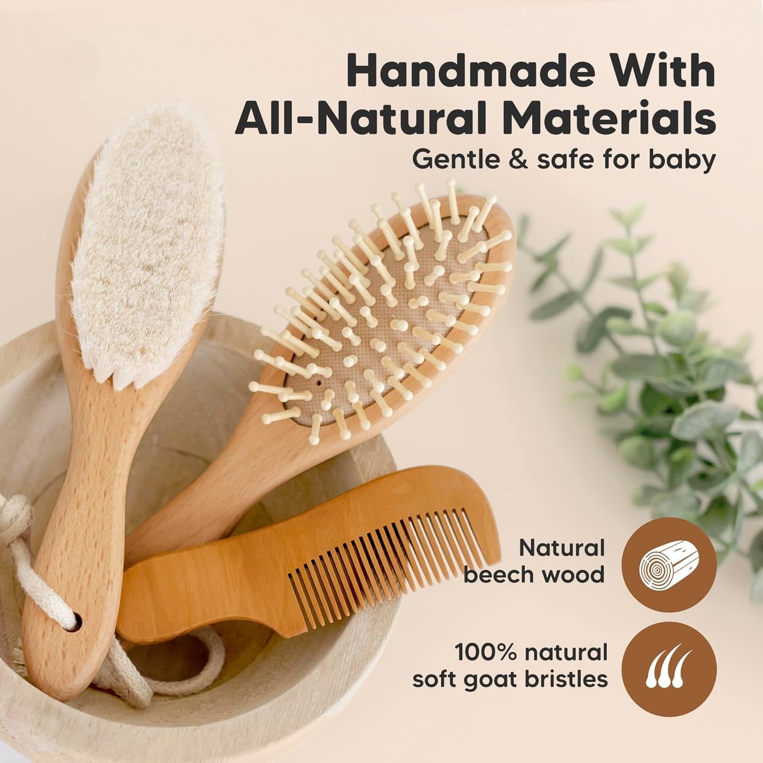 Baby Hair Brush and Comb Set for Newborn - Wooden with Soft Goat Bristle, Newborns Girl, Boy, Toddler Cradle Cap (Oval, Walnut)