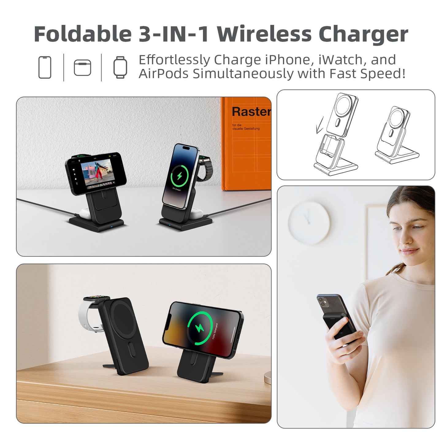 3 in 1 Wireless Charging Station 10000Mah Power Bank Magsafe for Iphone, Apple Watch