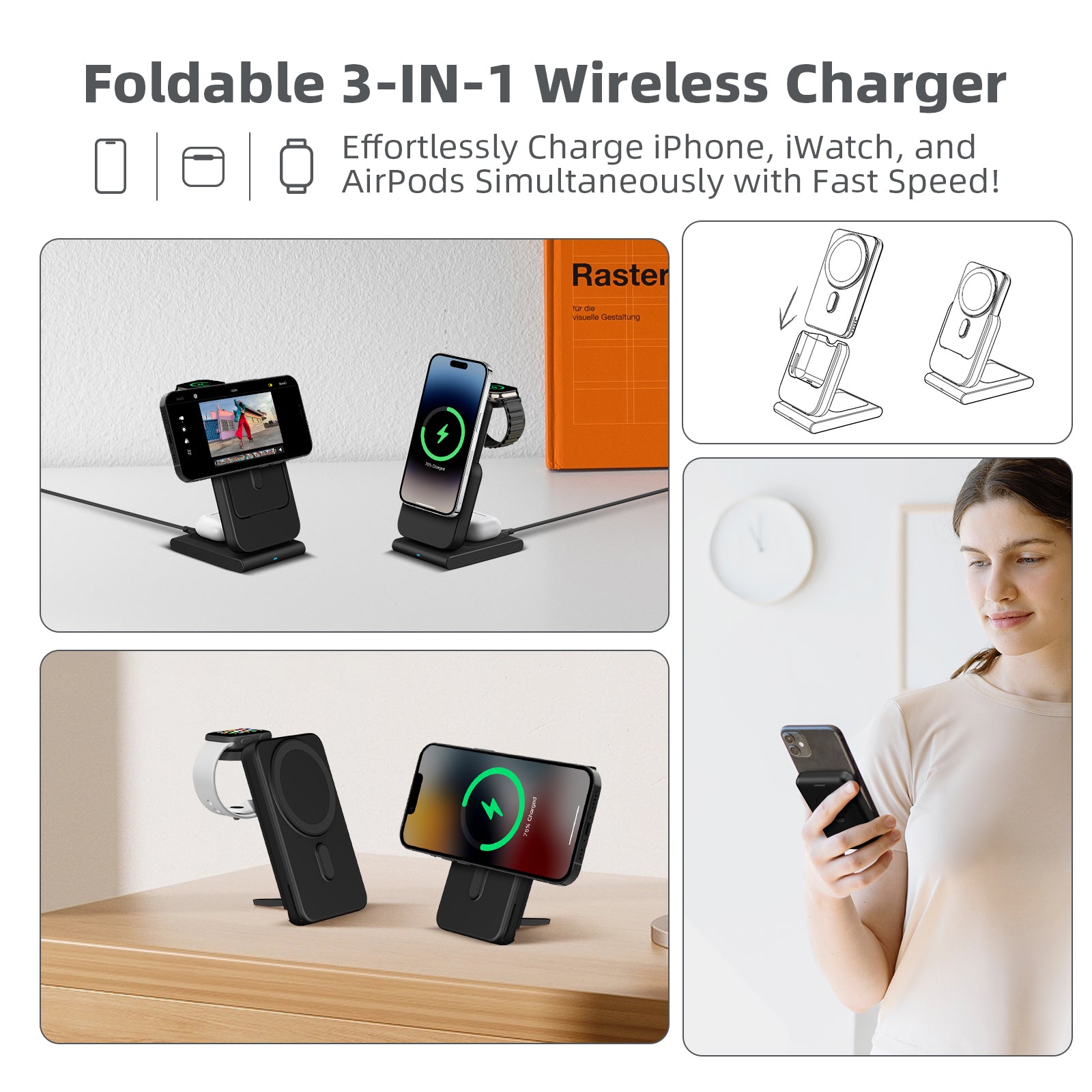 3 in 1 Wireless Charging Station 10000Mah Power Bank Magsafe for Iphone, Apple Watch