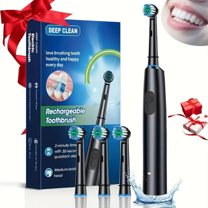 Round Rotating Electric Toothbrush for Adults, Soft Bristles, 5 Cleaning Modes, USB Rechargeable, with 4/8 Replacement Heads
